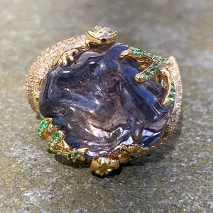 Tumbled Sapphire, Diamond, Emerald & Yellow Diamond Ring