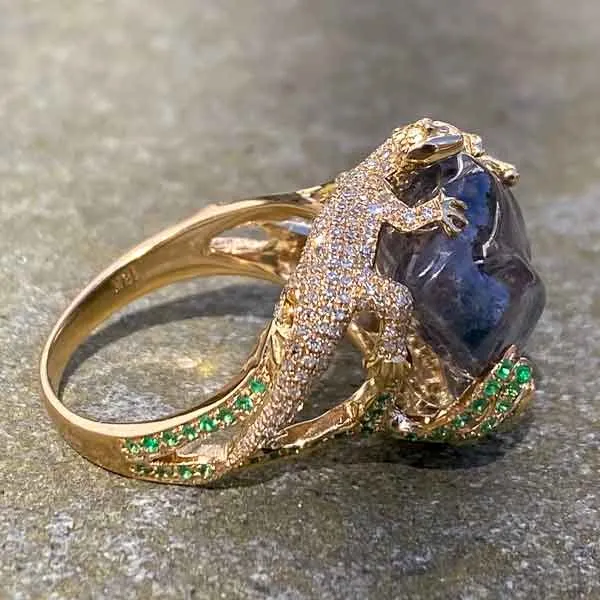 Tumbled Sapphire, Diamond, Emerald & Yellow Diamond Ring