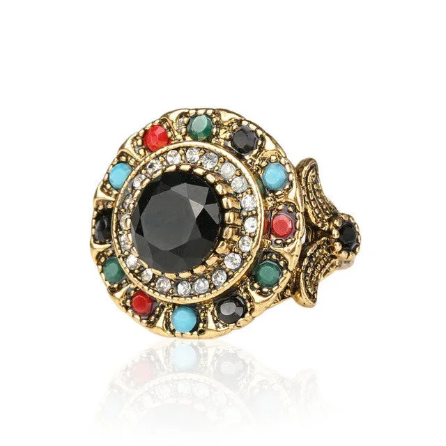 Turkish Jewelry Gold Plated Ring Fashion Bohemian Tibetan Silver Alloy Colorful Resin And Crystal Round Rings For Women