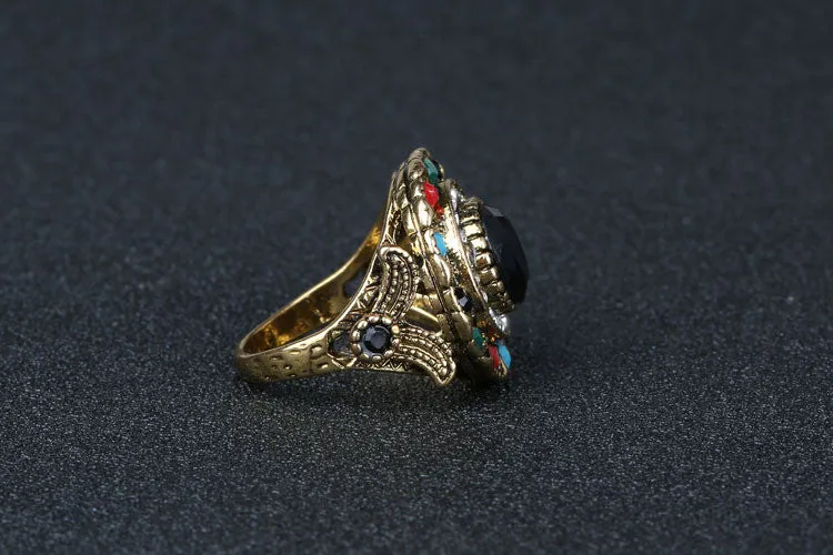 Turkish Jewelry Gold Plated Ring Fashion Bohemian Tibetan Silver Alloy Colorful Resin And Crystal Round Rings For Women