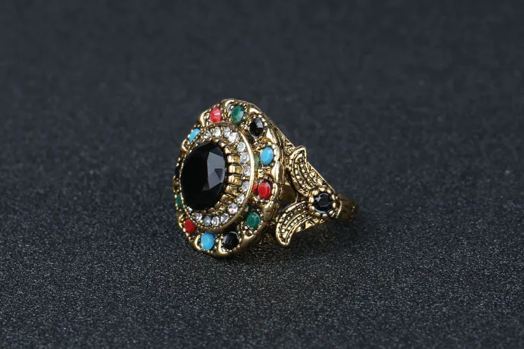 Turkish Jewelry Gold Plated Ring Fashion Bohemian Tibetan Silver Alloy Colorful Resin And Crystal Round Rings For Women