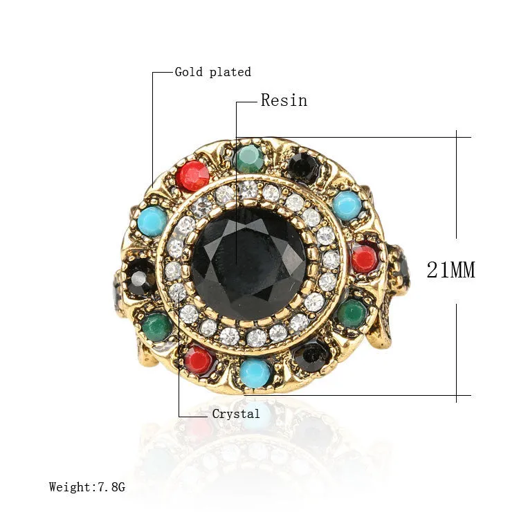 Turkish Jewelry Gold Plated Ring Fashion Bohemian Tibetan Silver Alloy Colorful Resin And Crystal Round Rings For Women