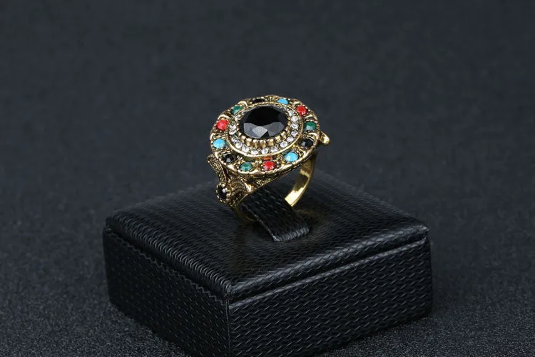 Turkish Jewelry Gold Plated Ring Fashion Bohemian Tibetan Silver Alloy Colorful Resin And Crystal Round Rings For Women