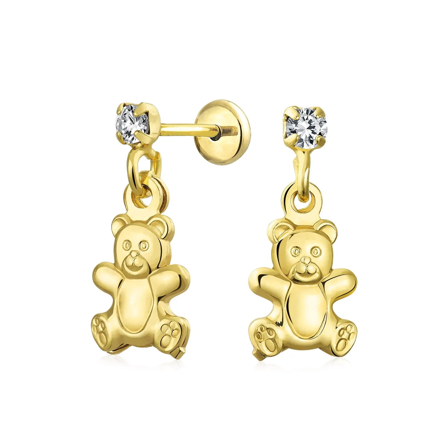 Whimsical Dangle Chandelier Earrings Teddy Bear CZ Accent 14K Gold Plated Brass