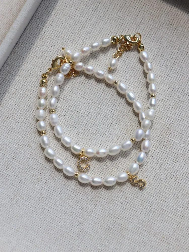 Zircon Letter Pendant Pearl Bracelet